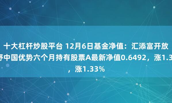 十大杠杆炒股平台 12月6日基金净值：汇添富开放视野中国优势六个月持有股票A最新净值0.6492，涨1.33%